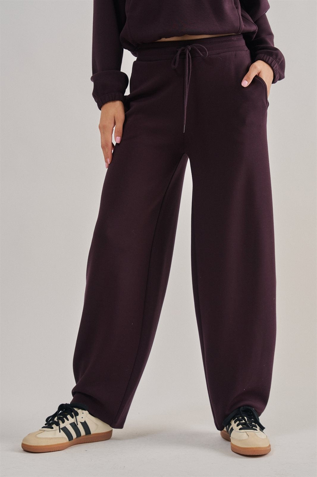 Scuba Knit Barrel Leg Pant with Drawstring Waist in Chocolate - Women's Wholesale Sweatpants & Joggers | Trend Notes