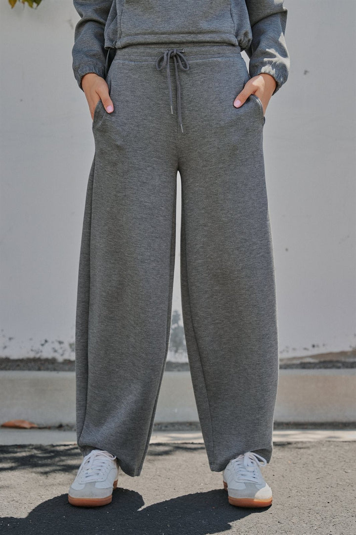 Scuba Knit Barrel Leg Pant with Drawstring Waist in Dk H Grey - Women's Wholesale Sweatpants & Joggers | Trend Notes
