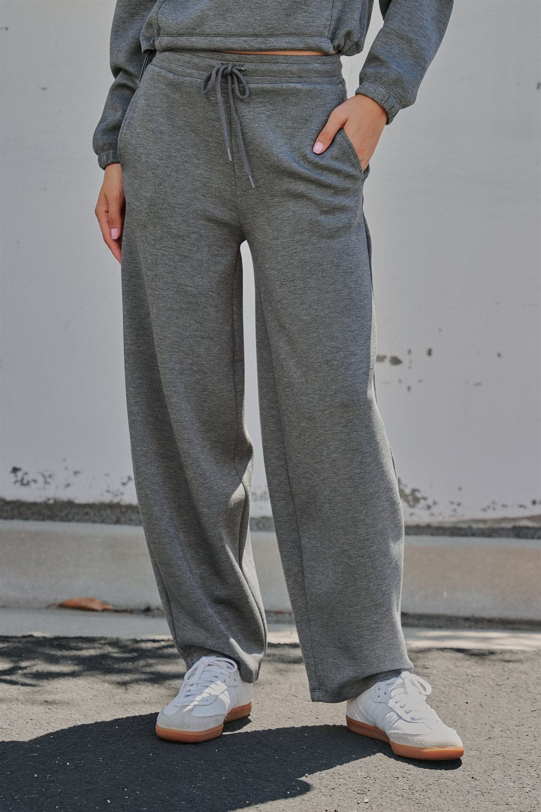 Scuba Knit Barrel Leg Pant with Drawstring Waist in Dk H Grey - Women's Wholesale Sweatpants & Joggers | Trend Notes