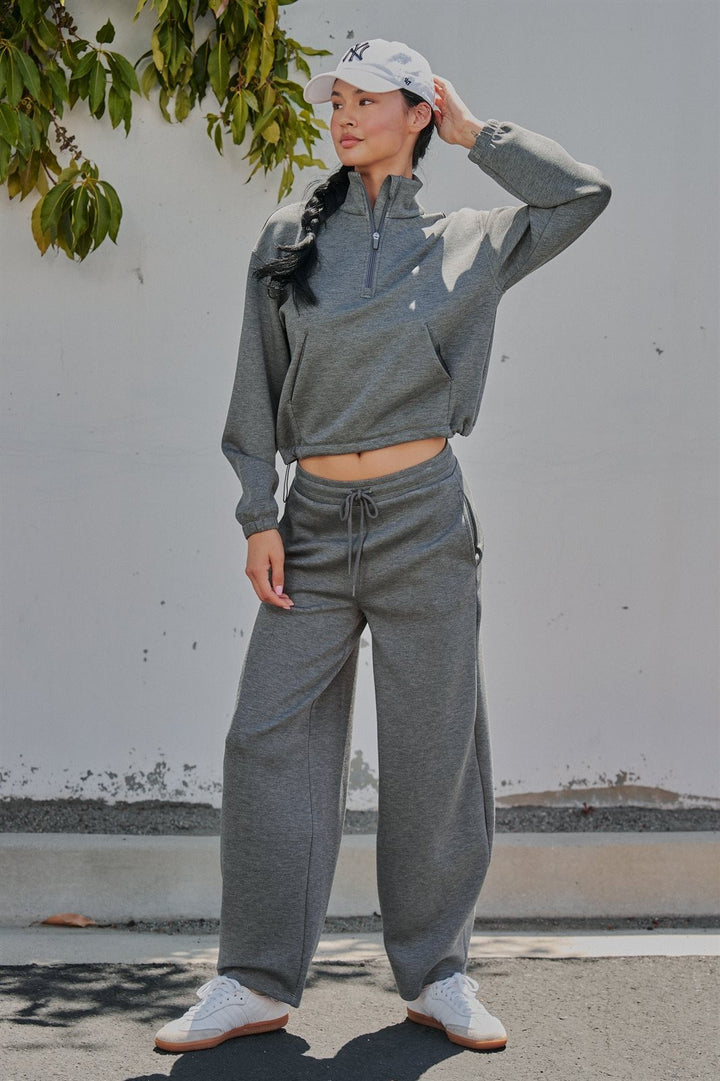 Scuba Knit Barrel Leg Pant with Drawstring Waist in Dk H Grey - Women's Wholesale Sweatpants & Joggers | Trend Notes