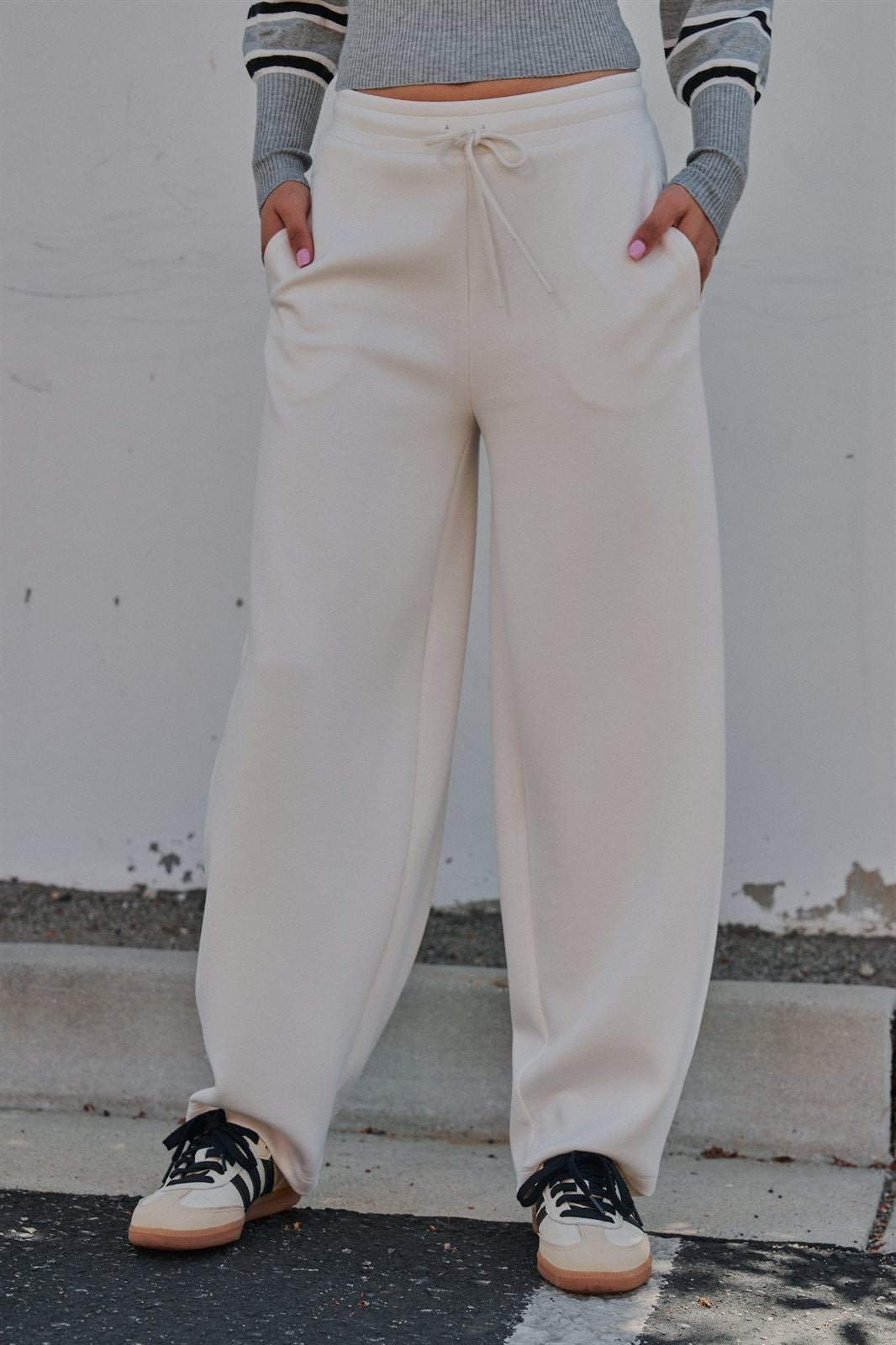 Scuba Knit Barrel Leg Pant with Drawstring Waist in Milk - Women's Wholesale Sweatpants & Joggers | Trend Notes