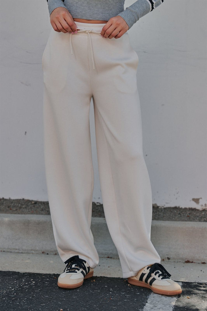 Scuba Knit Barrel Leg Pant with Drawstring Waist in Milk - Women's Wholesale Sweatpants & Joggers | Trend Notes
