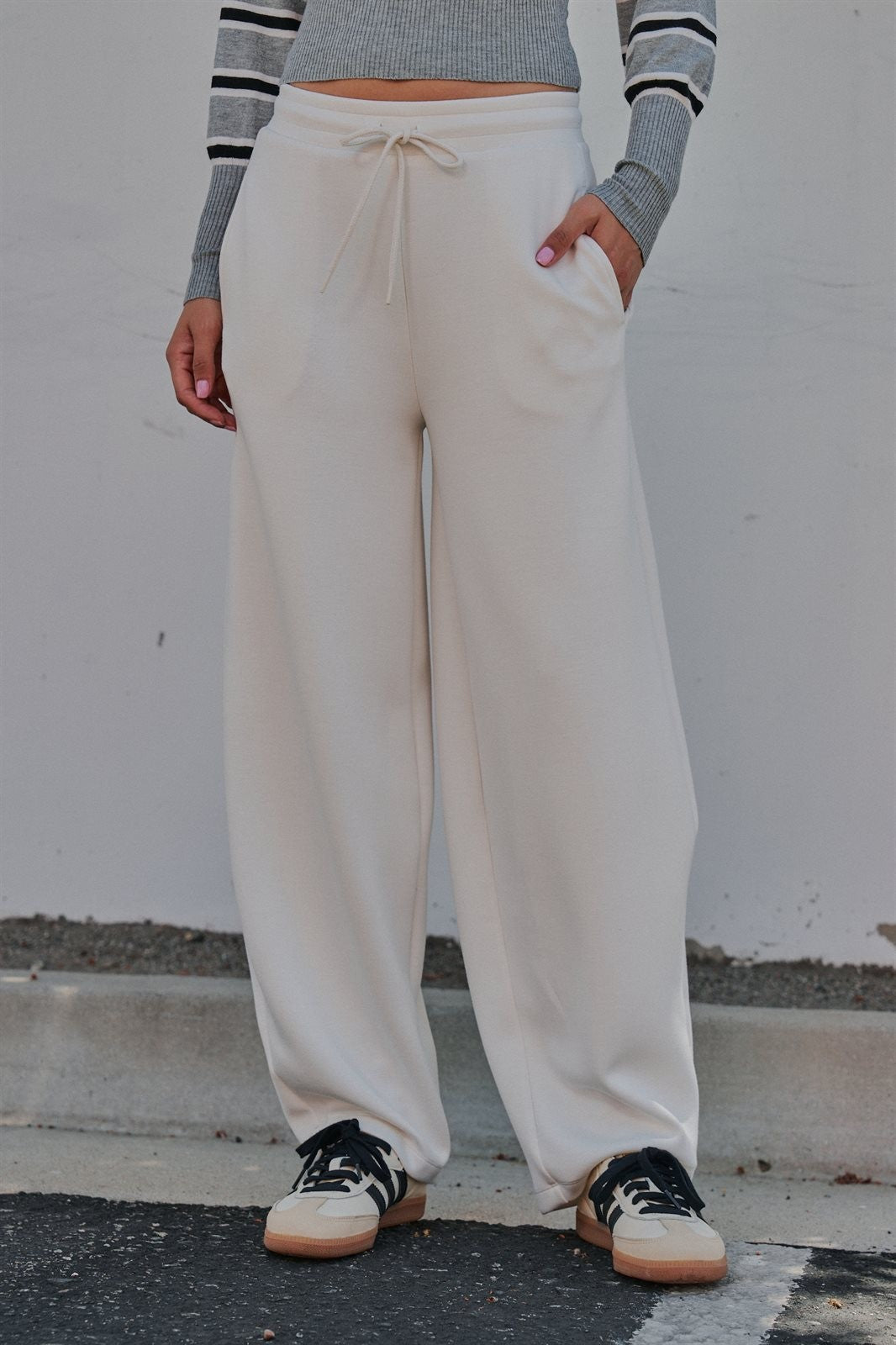 Scuba Knit Barrel Leg Pant with Drawstring Waist in Milk - Women's Wholesale Sweatpants & Joggers | Trend Notes