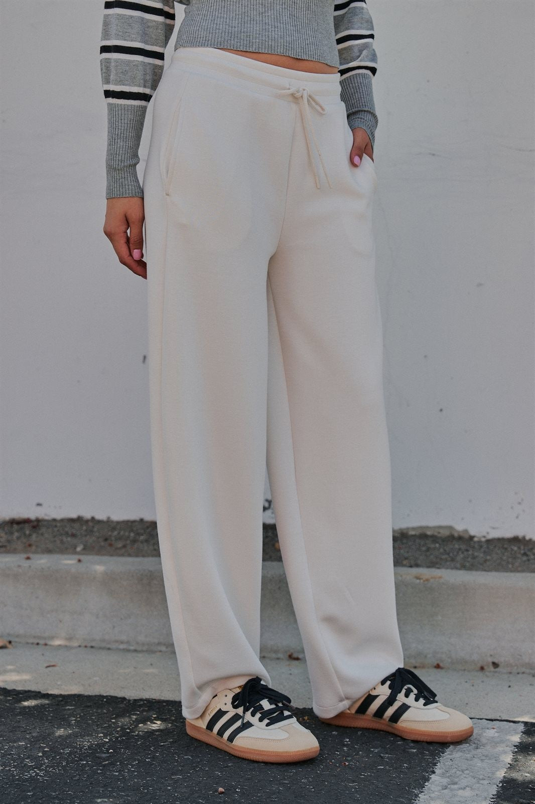 Scuba Knit Barrel Leg Pant with Drawstring Waist in Milk - Women's Wholesale Sweatpants & Joggers | Trend Notes