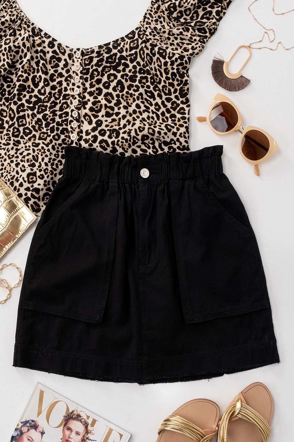 Paperbag Waist Mini Skirt Set, Cotton Blend Style in Black - Women's Wholesale Mini Skirts | Trend Notes