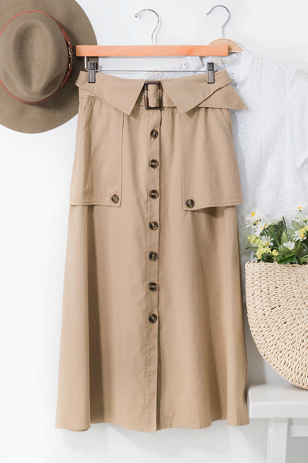 Trench Style Button Front Midi Skirt with Belted in Khaki - Women's Wholesale Midi Skirts | Trend Notes