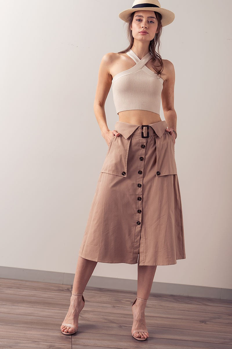Trench Style Button Front Midi Skirt with Belted in Navy - Women's Wholesale Midi Skirts | Trend Notes