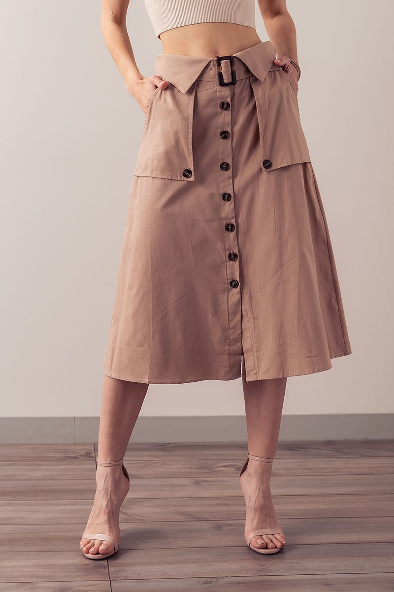 Trench Style Button Front Midi Skirt with Belted in Navy - Women's Wholesale Midi Skirts | Trend Notes