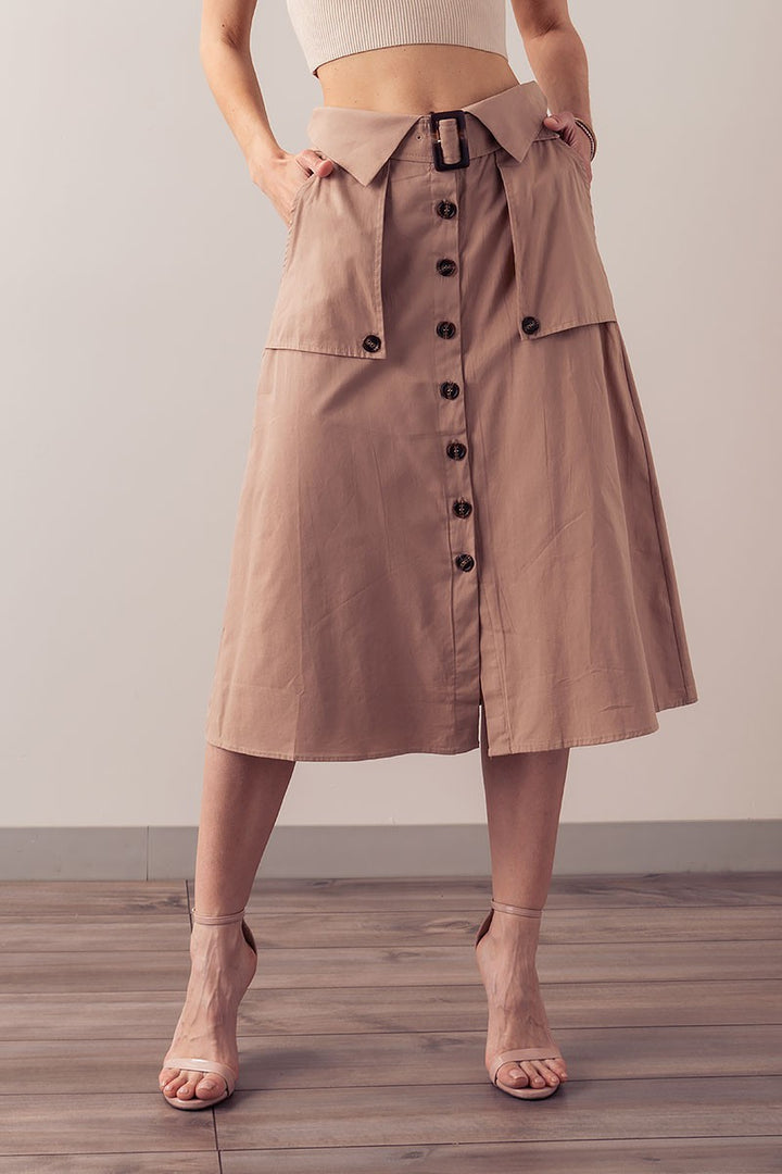 Trench Style Button Front Midi Skirt with Belted in Navy - Women's Wholesale Midi Skirts | Trend Notes