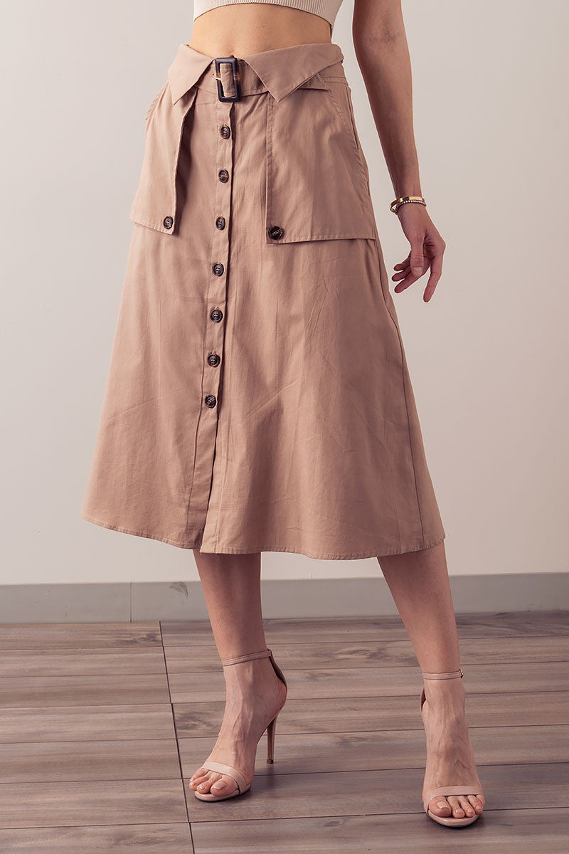 Trench Style Button Front Midi Skirt with Belted in Navy - Women's Wholesale Midi Skirts | Trend Notes