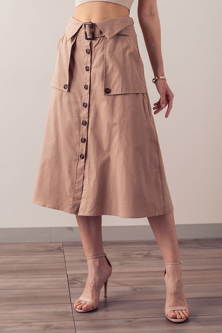 Trench Style Button Front Midi Skirt with Belted in Navy - Women's Wholesale Midi Skirts | Trend Notes