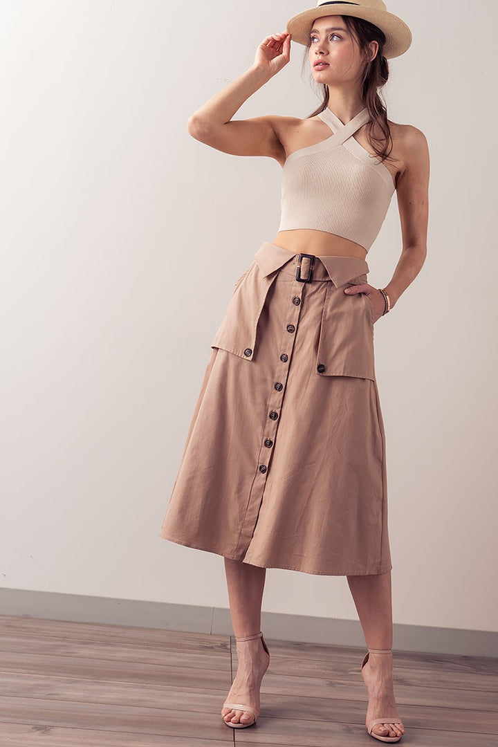 Trench Style Button Front Midi Skirt with Belted in Navy - Women's Wholesale Midi Skirts | Trend Notes