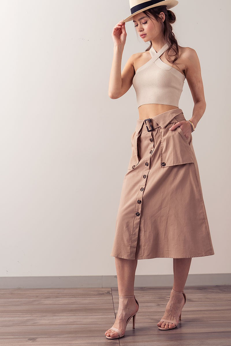 Trench Style Button Front Midi Skirt with Belted in Navy - Women's Wholesale Midi Skirts | Trend Notes