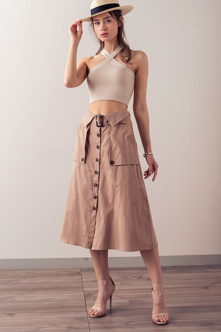 Trench Style Button Front Midi Skirt with Belted in Navy - Women's Wholesale Midi Skirts | Trend Notes