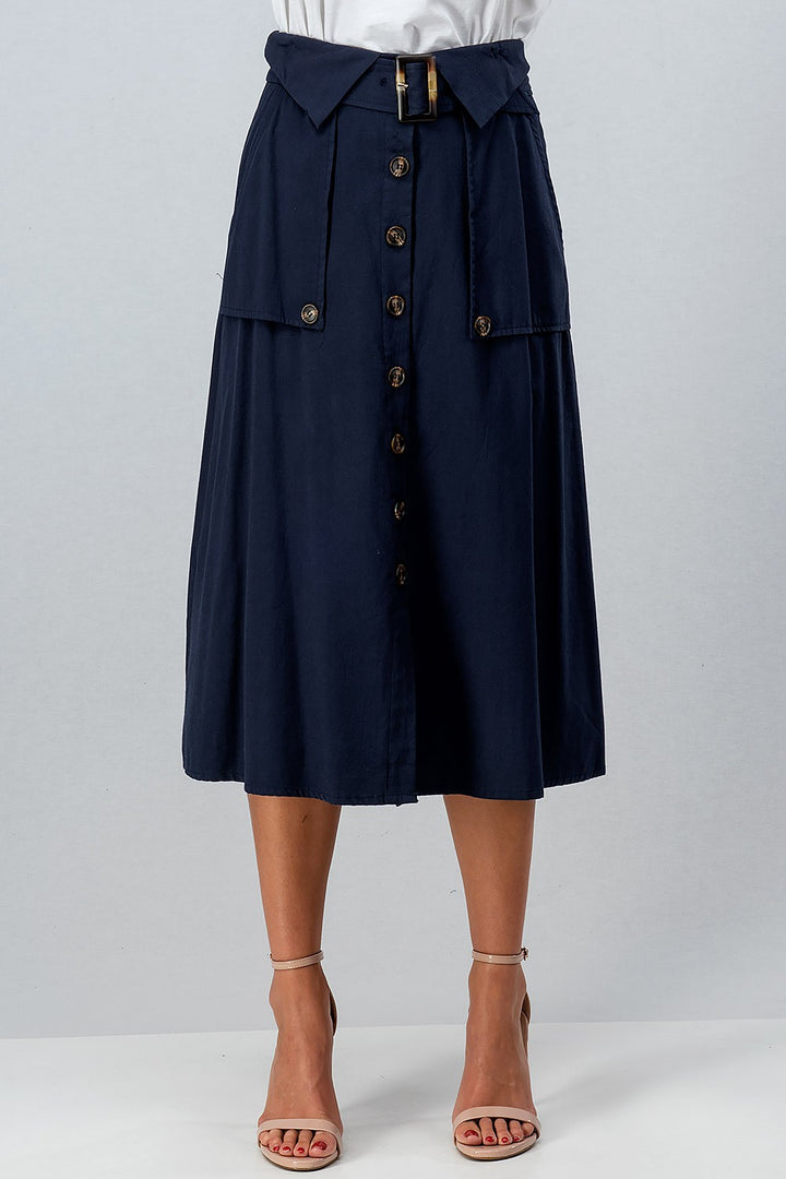 Trench Style Button Front Midi Skirt with Belted in Navy - Women's Wholesale Midi Skirts | Trend Notes