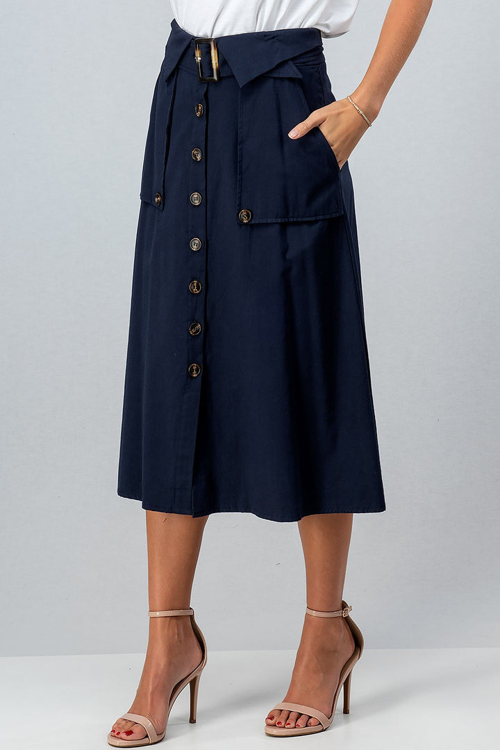 Trench Style Button Front Midi Skirt with Belted in Navy - Women's Wholesale Midi Skirts | Trend Notes