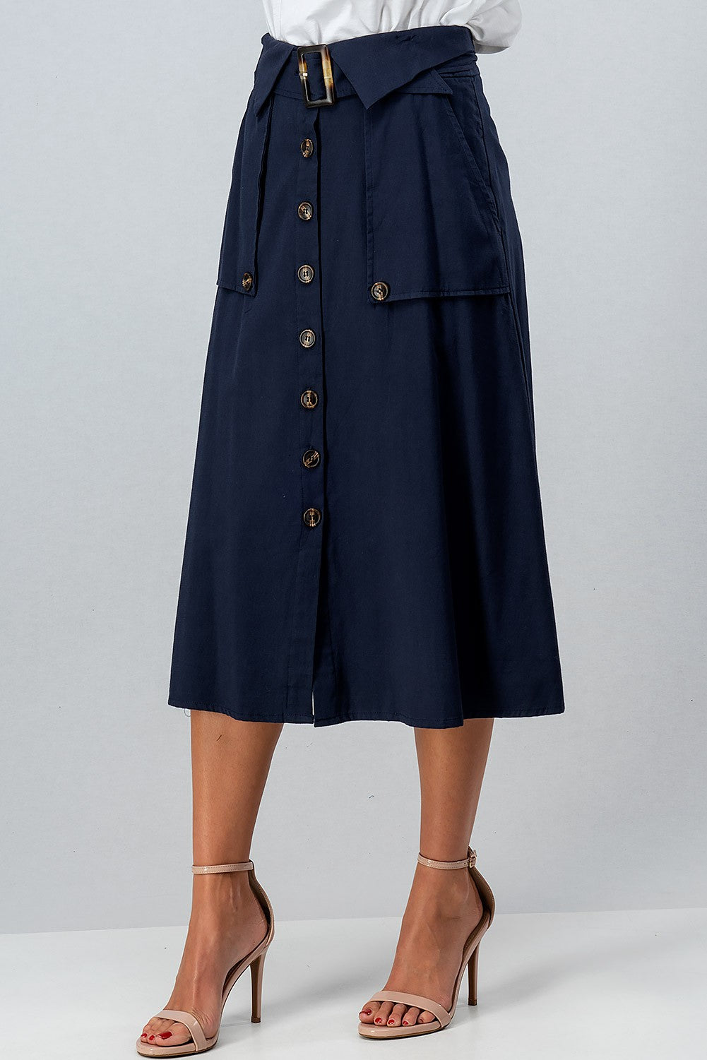 Trench Style Button Front Midi Skirt with Belted in Navy - Women's Wholesale Midi Skirts | Trend Notes