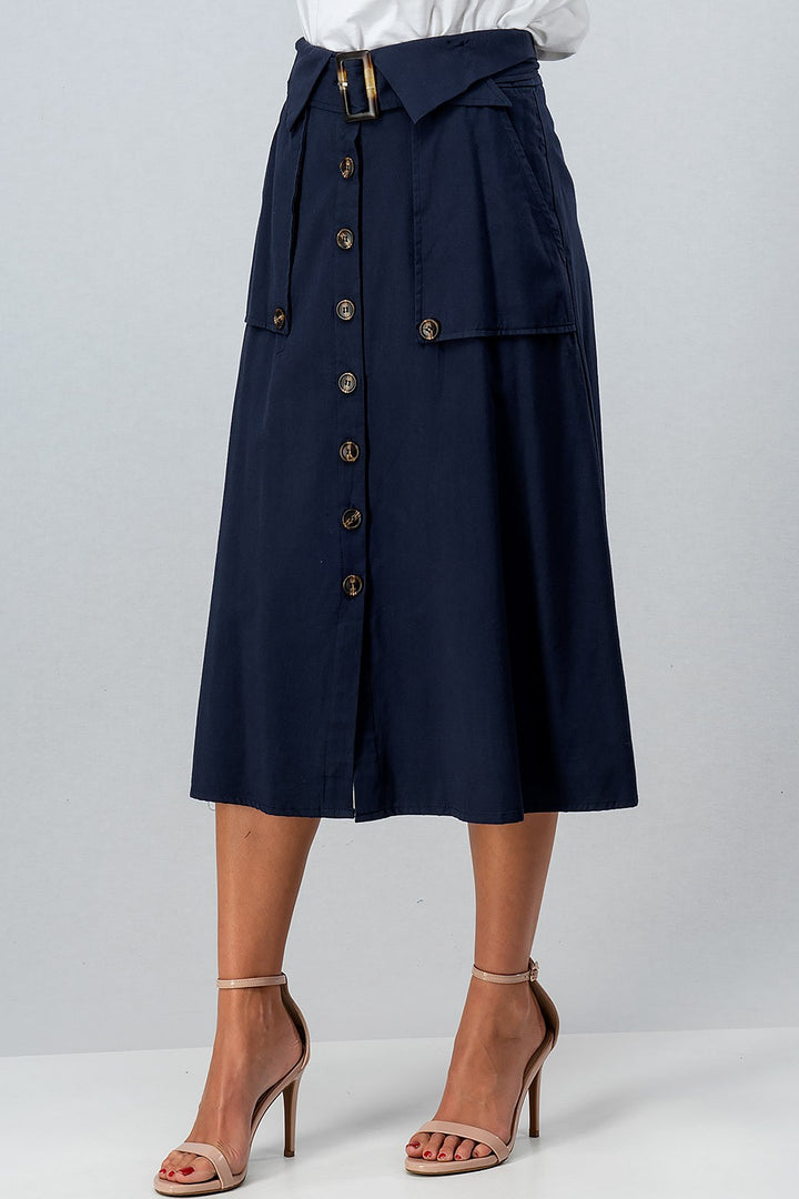 Trench Style Button Front Midi Skirt with Belted in Navy - Women's Wholesale Midi Skirts | Trend Notes