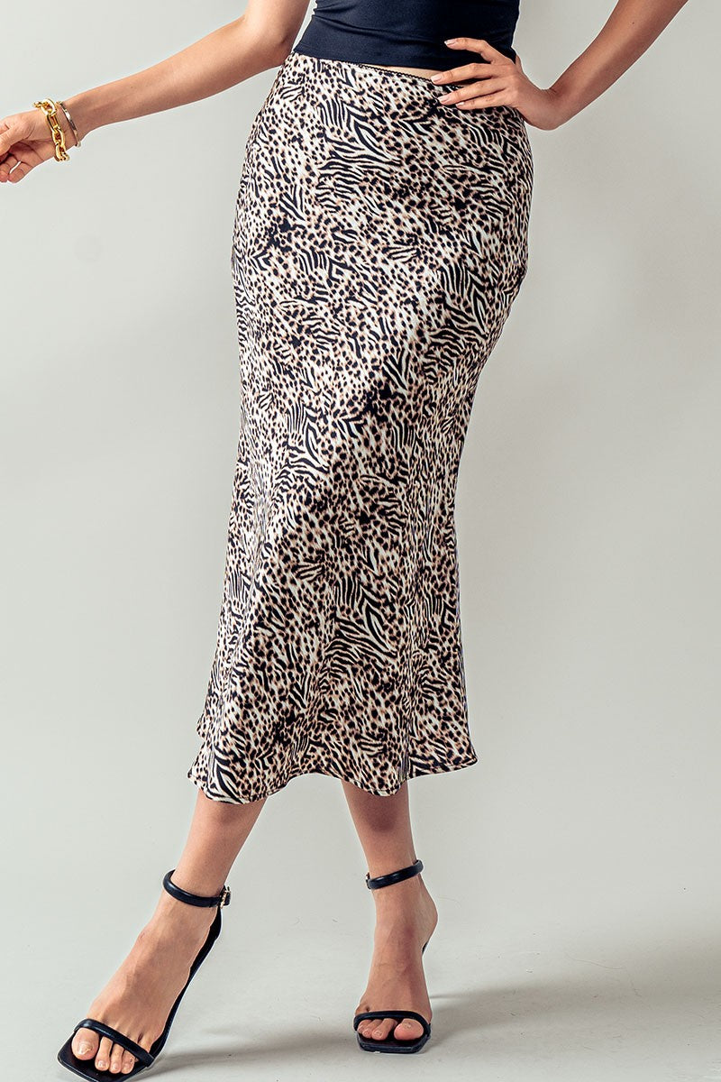 SILK FEEL LEOPARD PRINT SKIRT in Tan - Women's Wholesale Midi Skirts | Trend Notes