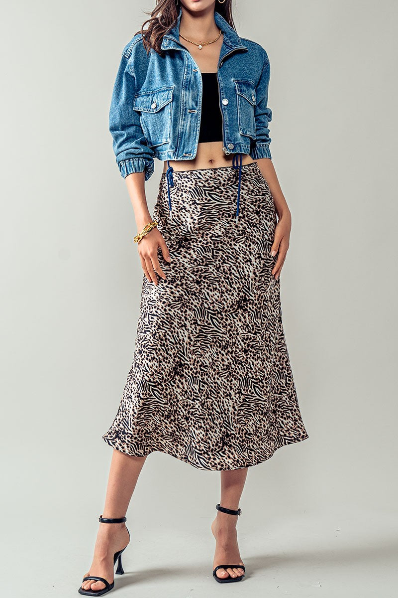 SILK FEEL LEOPARD PRINT SKIRT in Tan - Women's Wholesale Midi Skirts | Trend Notes