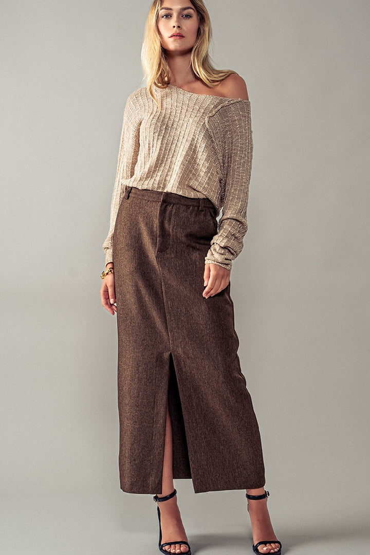 Sophisticated High Waist Slit Midi Skirt in Brown - Women's Wholesale Midi Skirts | Trend Notes