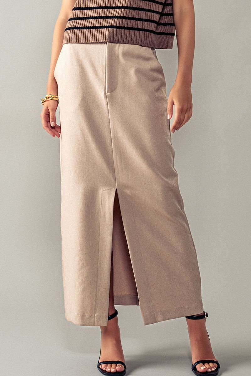 Sophisticated High Waist Slit Midi Skirt in Lt Khaki - Women's Wholesale Midi Skirts | Trend Notes
