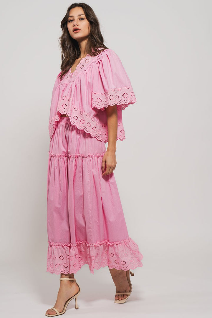 Embroidered Eyelet Tiered Midi Skirt in Pink - Women's Wholesale Midi Skirts | Trend Notes