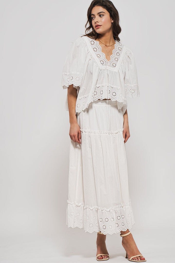 Embroidered Eyelet Tiered Midi Skirt in White - Women's Wholesale Midi Skirts | Trend Notes