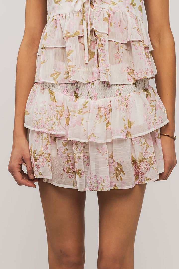 Floral Tiered Mini Skirt in Pink - Women's Wholesale Mini Skirts | Trend Notes