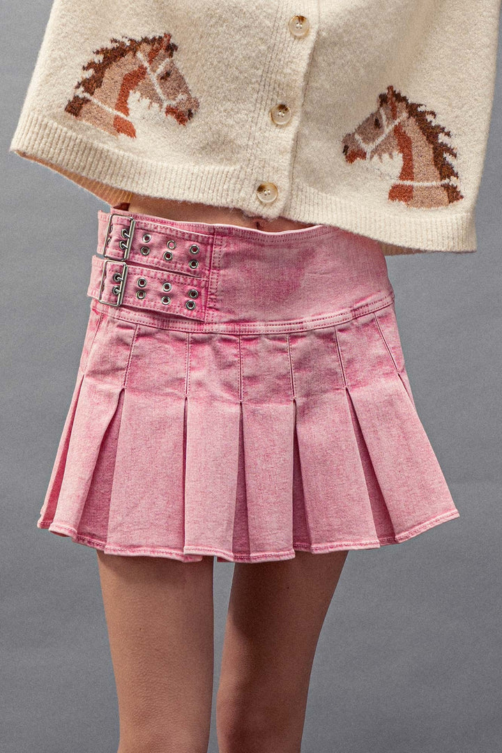Acid Wash Pleated Denim Mini Skirt in Pink - Women's Wholesale Mini Skirts | Trend Notes