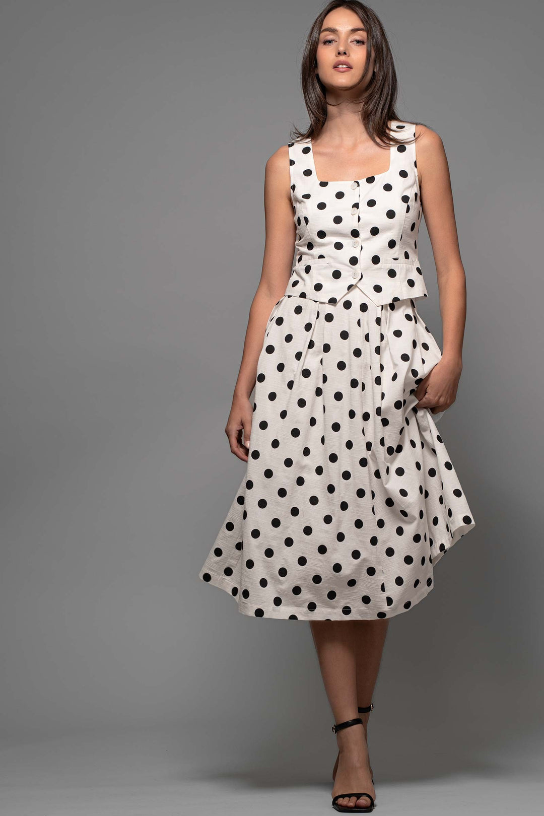 Polka Dot Pleated Woven Midi Skirt in White Black - Women's Wholesale Midi Skirts | Trend Notes