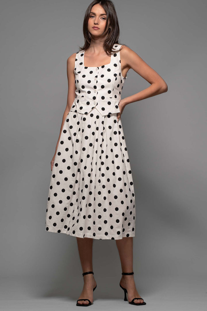 Polka Dot Pleated Woven Midi Skirt in White Black - Women's Wholesale Midi Skirts | Trend Notes