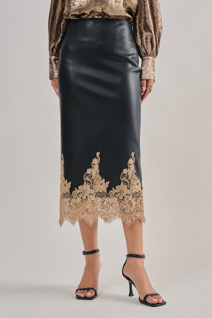 Faux Leather Lace Trim Midi Pencil Skirt in Black - Women's Wholesale Midi Skirts | Trend Notes