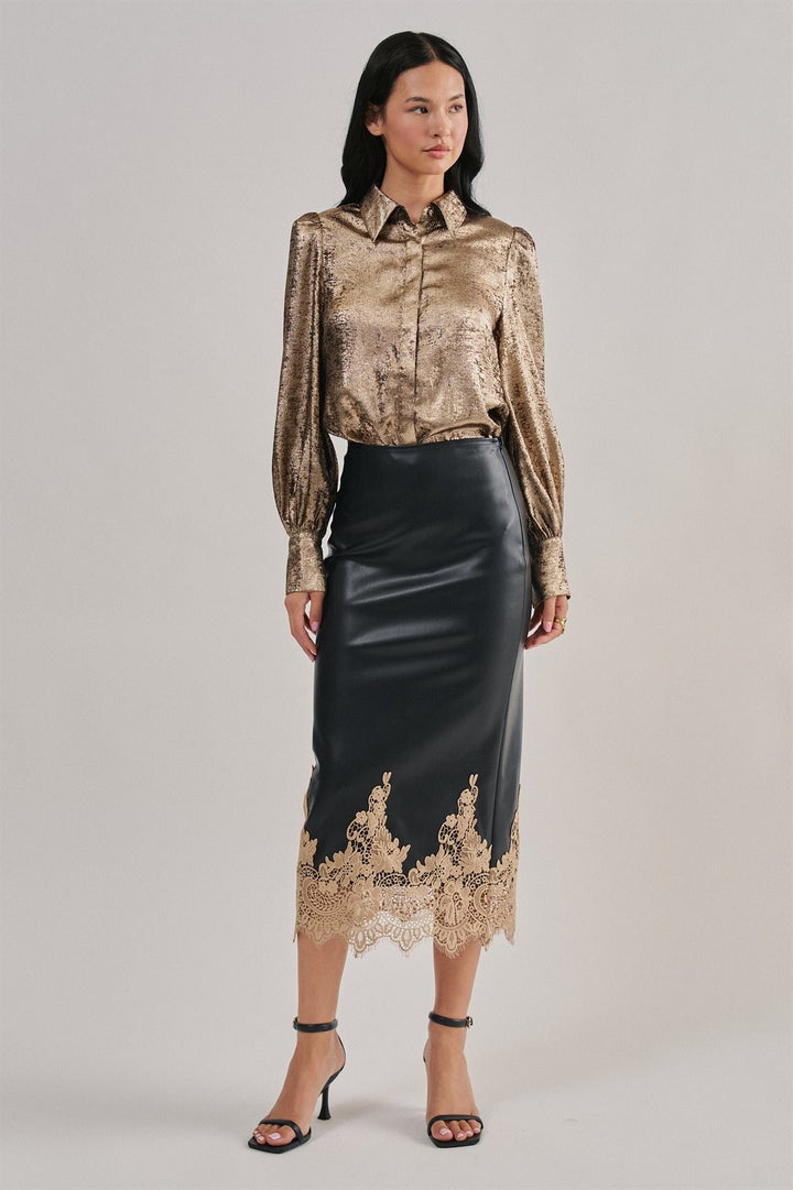 Faux Leather Lace Trim Midi Pencil Skirt in Black - Women's Wholesale Midi Skirts | Trend Notes