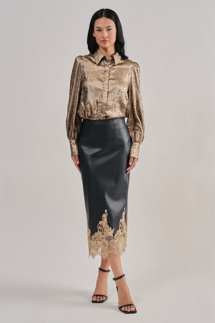 Faux Leather Lace Trim Midi Pencil Skirt in Black - Women's Wholesale Midi Skirts | Trend Notes