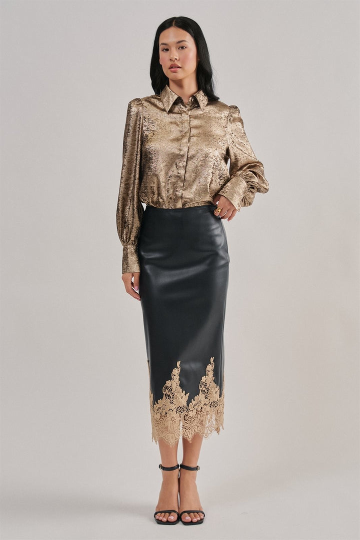 Faux Leather Lace Trim Midi Pencil Skirt in Black - Women's Wholesale Midi Skirts | Trend Notes