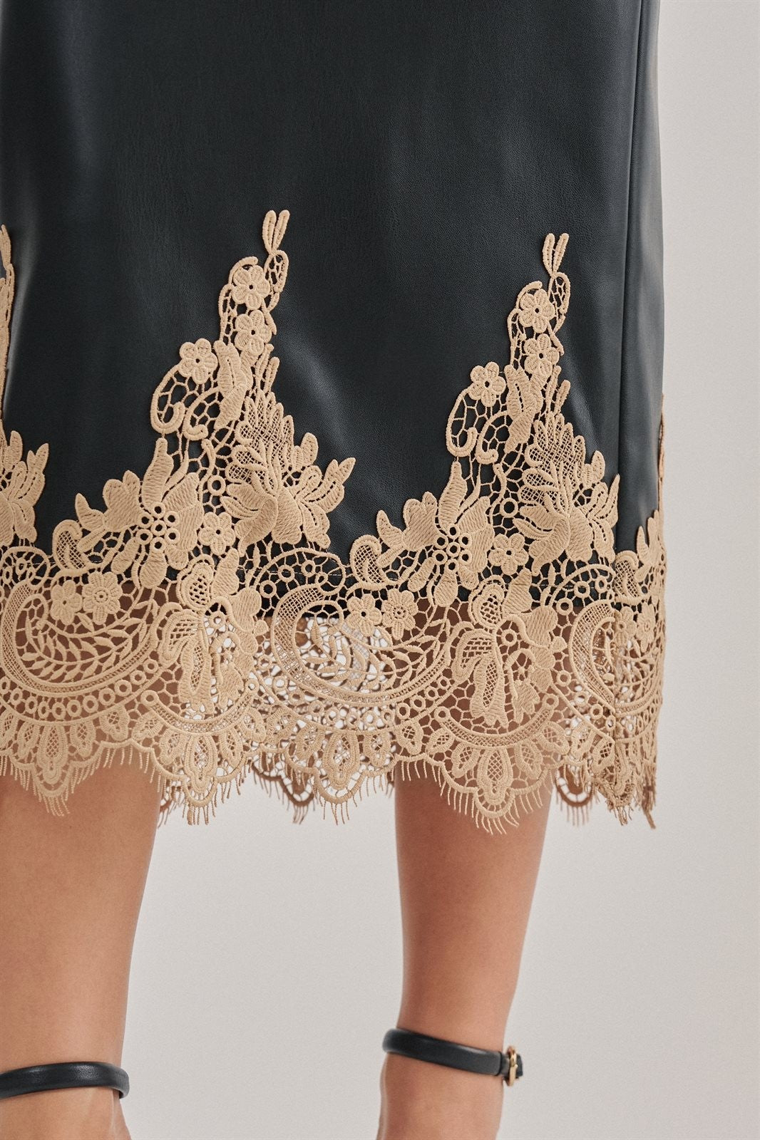 Faux Leather Lace Trim Midi Pencil Skirt in Black - Women's Wholesale Midi Skirts | Trend Notes
