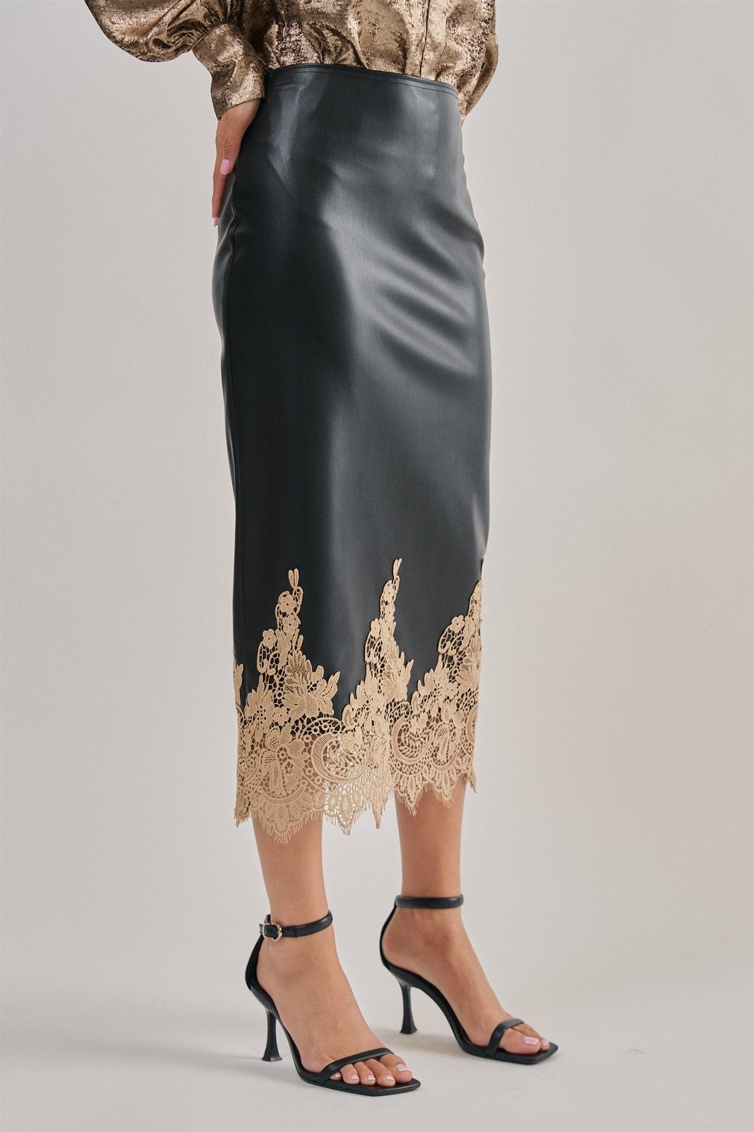 Faux Leather Lace Trim Midi Pencil Skirt in Black - Women's Wholesale Midi Skirts | Trend Notes