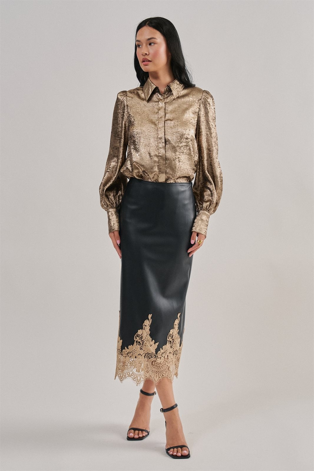 Faux Leather Lace Trim Midi Pencil Skirt in Black - Women's Wholesale Midi Skirts | Trend Notes