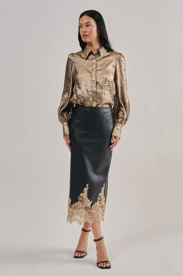 Faux Leather Lace Trim Midi Pencil Skirt in Black - Women's Wholesale Midi Skirts | Trend Notes