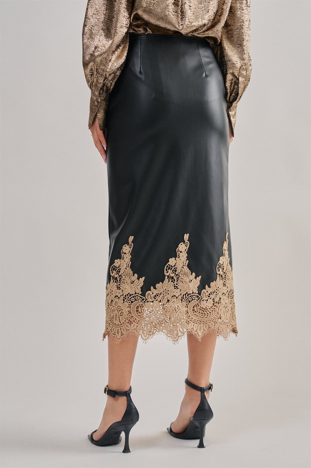 Faux Leather Lace Trim Midi Pencil Skirt in Black - Women's Wholesale Midi Skirts | Trend Notes