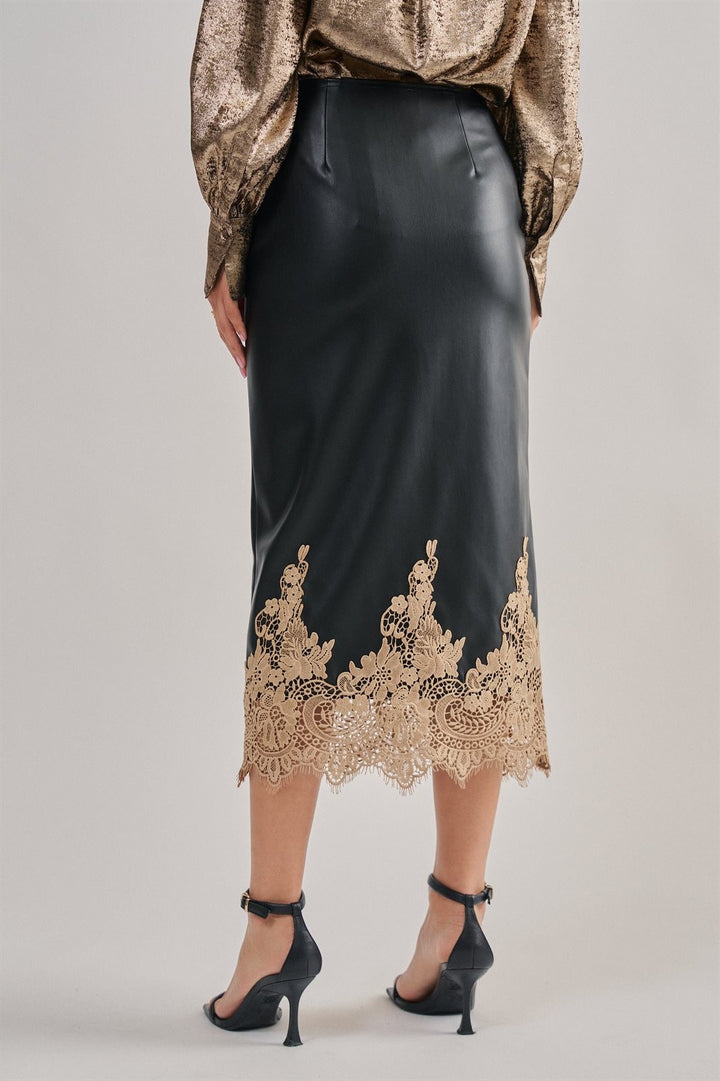 Faux Leather Lace Trim Midi Pencil Skirt in Black - Women's Wholesale Midi Skirts | Trend Notes
