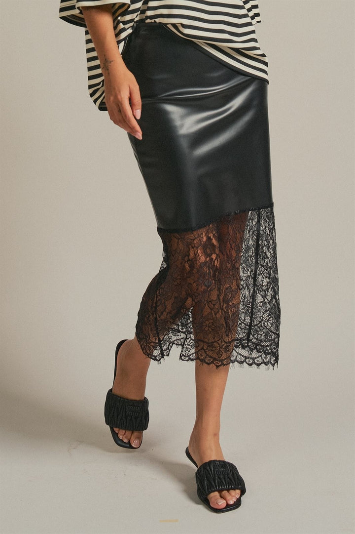 Faux Leather Lace Hem Midi Skirt in Black - Women's Wholesale Midi Skirts | Trend Notes
