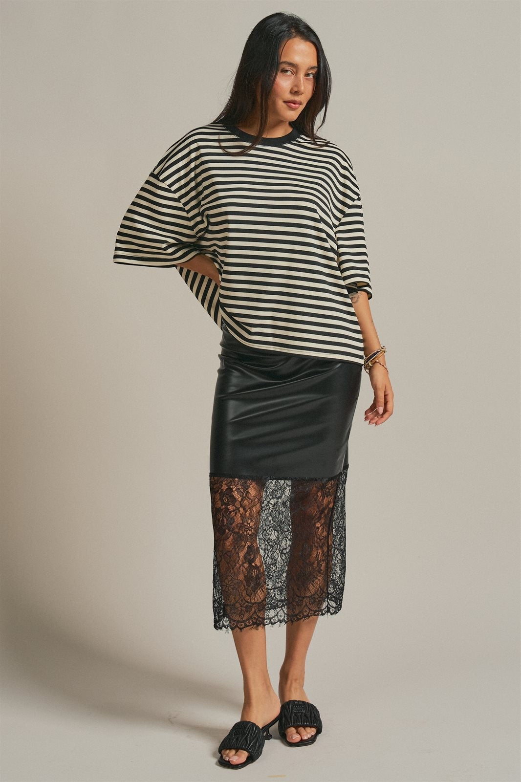 Faux Leather Lace Hem Midi Skirt in Black - Women's Wholesale Midi Skirts | Trend Notes