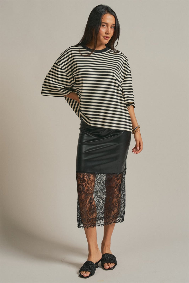 Faux Leather Lace Hem Midi Skirt in Black - Women's Wholesale Midi Skirts | Trend Notes