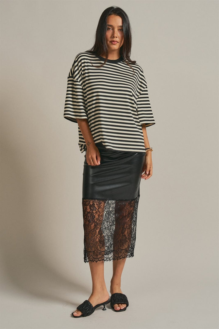 Faux Leather Lace Hem Midi Skirt in Black - Women's Wholesale Midi Skirts | Trend Notes