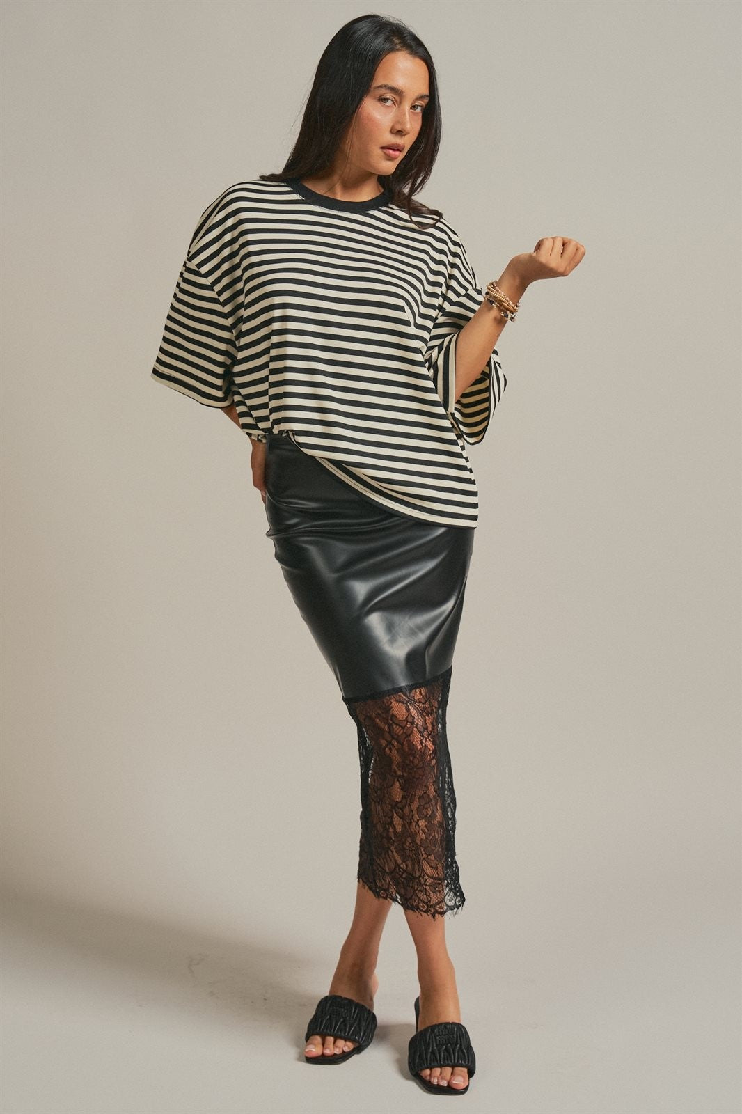 Faux Leather Lace Hem Midi Skirt in Black - Women's Wholesale Midi Skirts | Trend Notes