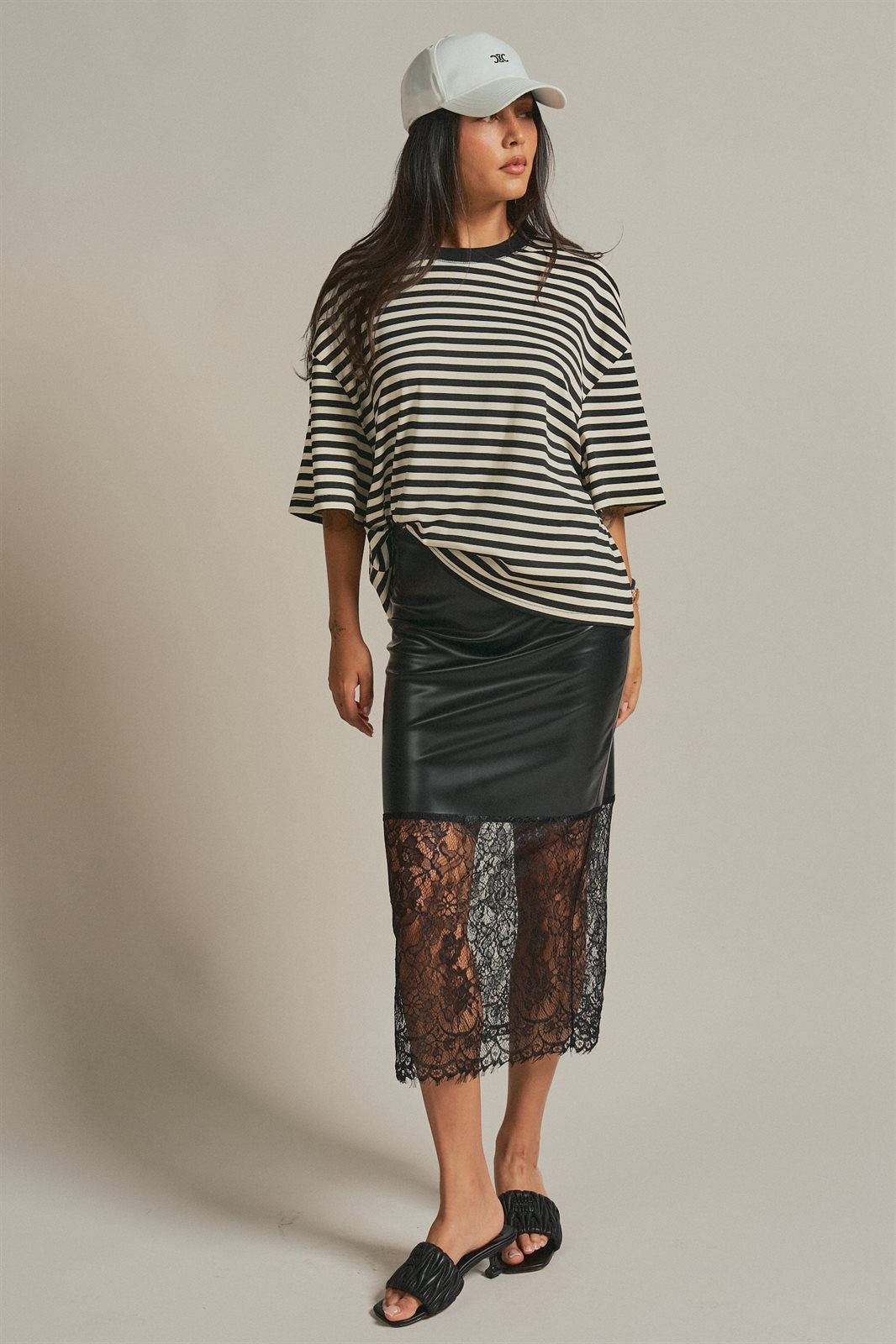 Faux Leather Lace Hem Midi Skirt in Black - Women's Wholesale Midi Skirts | Trend Notes