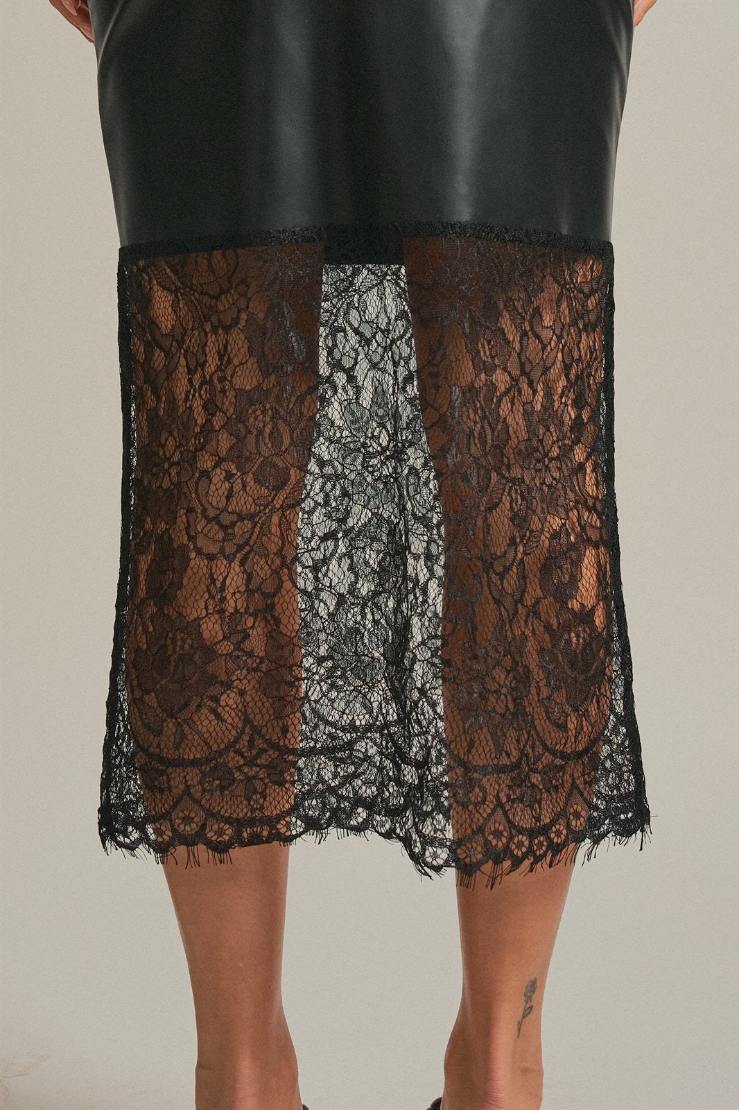Faux Leather Lace Hem Midi Skirt in Black - Women's Wholesale Midi Skirts | Trend Notes