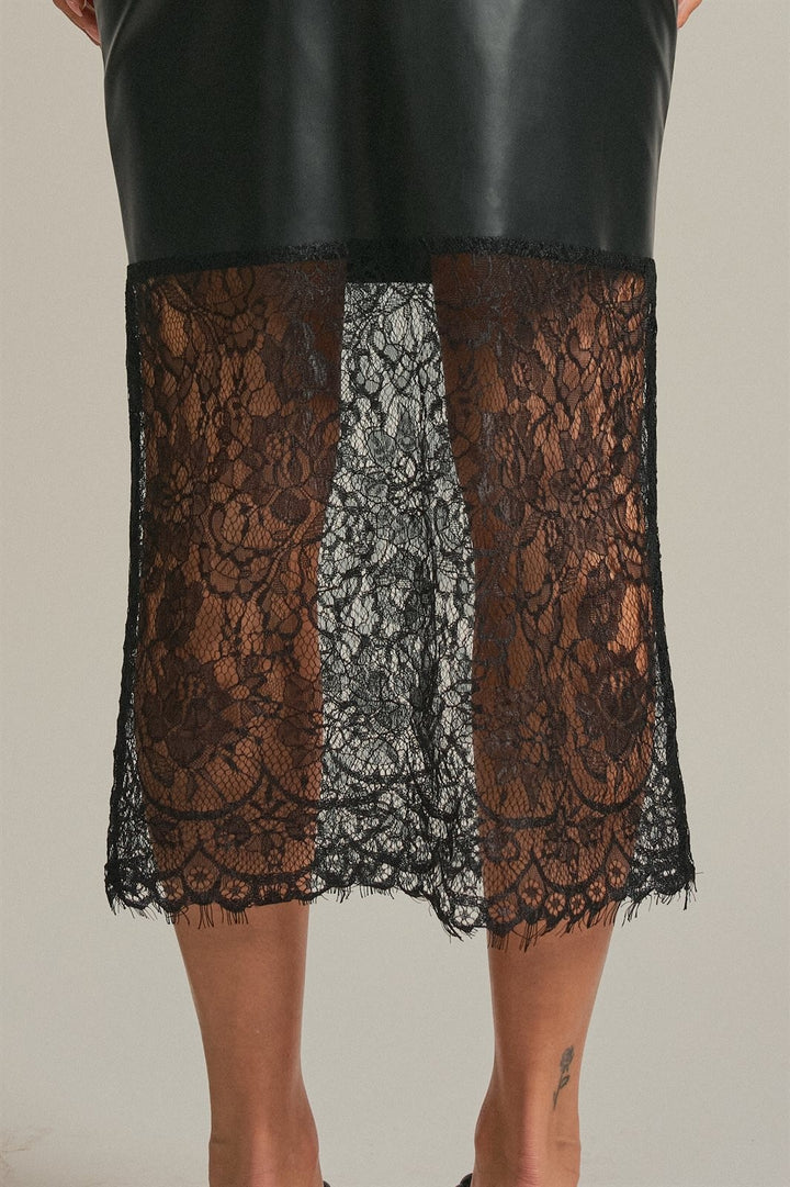 Faux Leather Lace Hem Midi Skirt in Black - Women's Wholesale Midi Skirts | Trend Notes